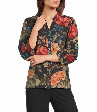 Calessa Coordinating Woven Floral V-Neck 3/4 Sleeve Button Front Blouse