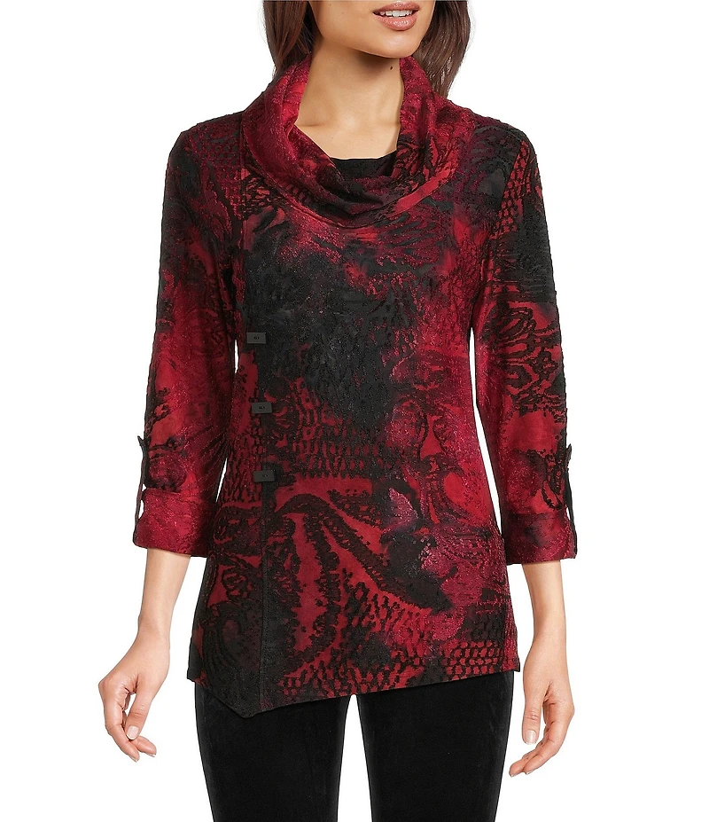 Calessa Cowl Neck 3/4 Roll-Tab Sleeve Burnout Tie Dye Knit Tunic