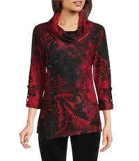 Calessa Cowl Neck 3/4 Roll-Tab Sleeve Burnout Tie Dye Knit Tunic