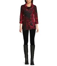 Calessa Cowl Neck 3/4 Roll-Tab Sleeve Burnout Tie Dye Knit Tunic