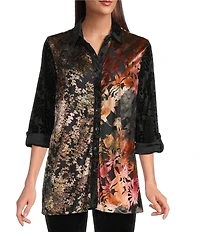 Crinkle Burnout Patchwork Point Collar Long Roll -Tab Sleeve Button Front Tunic