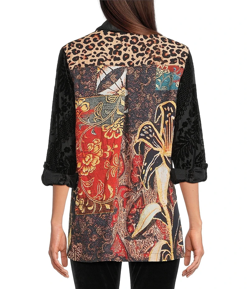 Crinkle Burnout Patchwork Point Collar Long Roll -Tab Sleeve Button Front Tunic