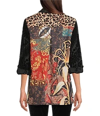 Crinkle Burnout Patchwork Point Collar Long Roll -Tab Sleeve Button Front Tunic