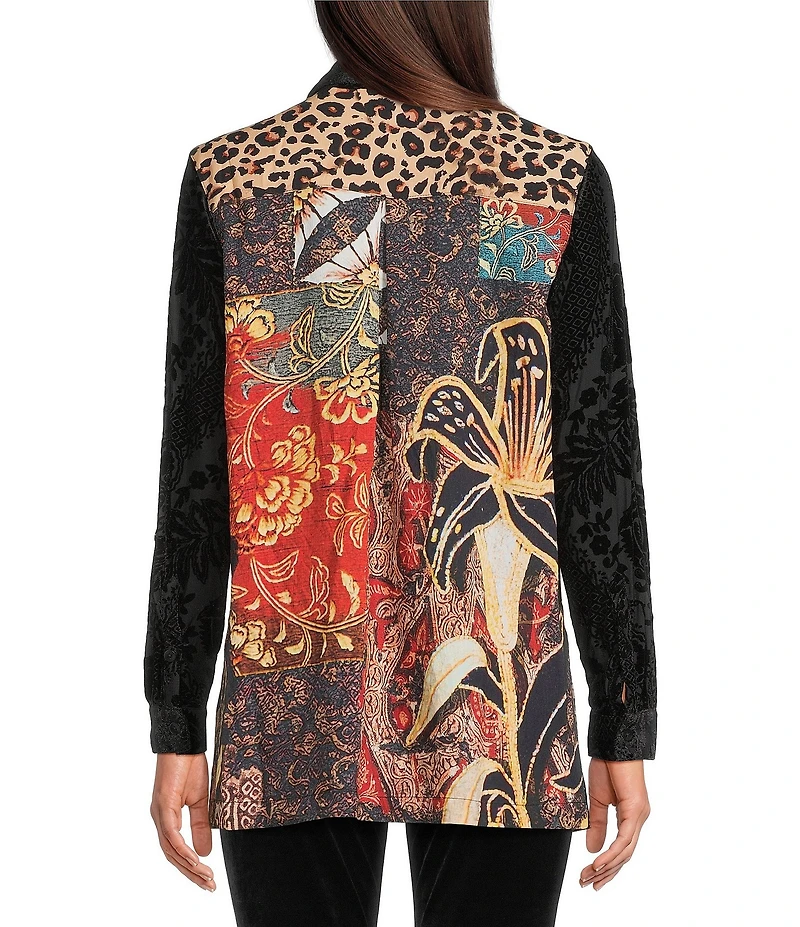 Crinkle Burnout Patchwork Point Collar Long Roll -Tab Sleeve Button Front Tunic