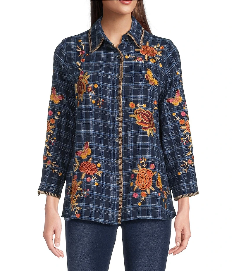 Calessa Crinkle Embroidered Floral Point Collar Long Sleeve Button-Front Shirt