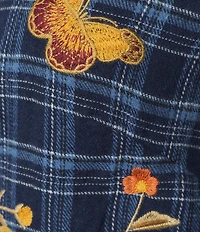 Calessa Crinkle Embroidered Floral Point Collar Long Sleeve Button-Front Shirt