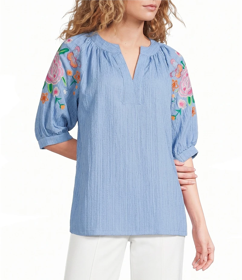 Calessa Crinkle Split V-Neck Embroidered Puff Sleeve Tunic