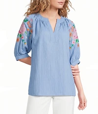 Calessa Crinkle Split V-Neck Embroidered Puff Sleeve Tunic