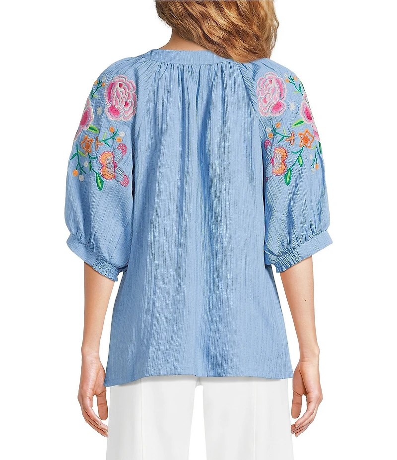 Calessa Crinkle Split V-Neck Embroidered Puff Sleeve Tunic