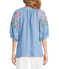 Calessa Crinkle Split V-Neck Embroidered Puff Sleeve Tunic