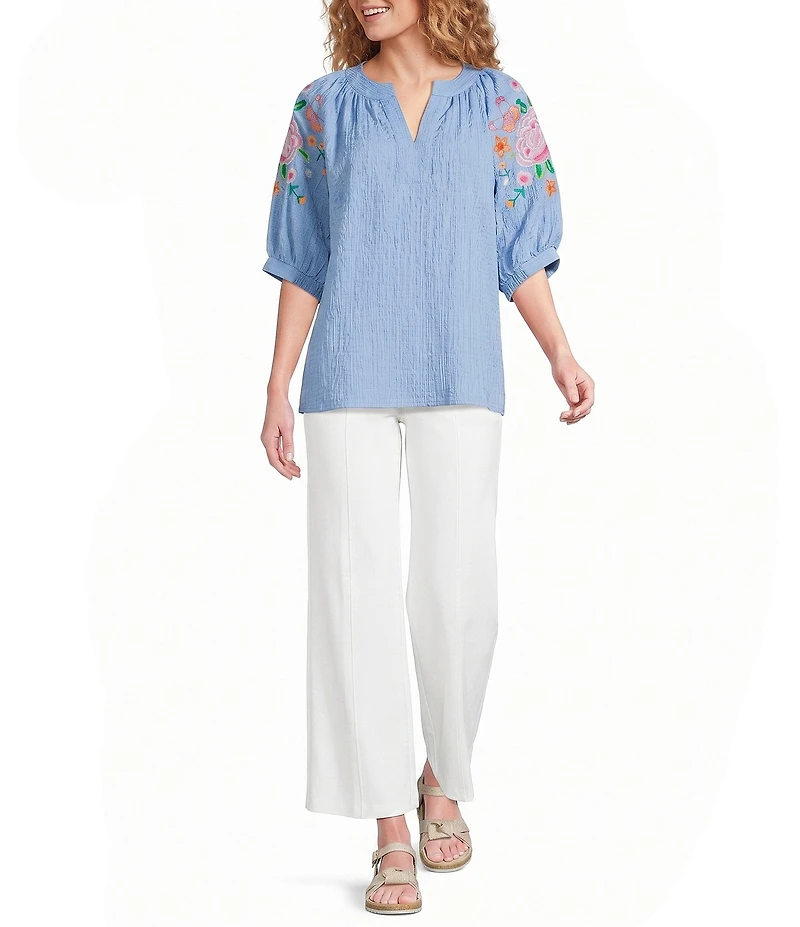Calessa Crinkle Split V-Neck Embroidered Puff Sleeve Tunic