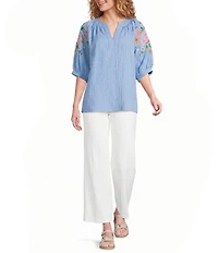 Calessa Crinkle Split V-Neck Embroidered Puff Sleeve Tunic