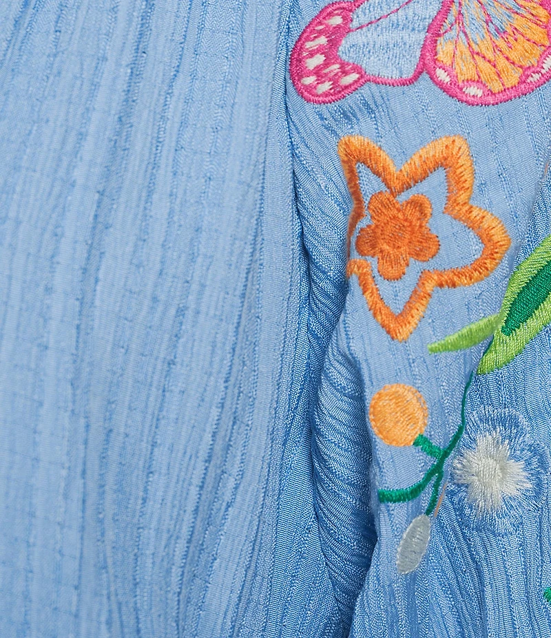 Calessa Crinkle Split V-Neck Embroidered Puff Sleeve Tunic