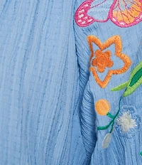 Calessa Crinkle Split V-Neck Embroidered Puff Sleeve Tunic
