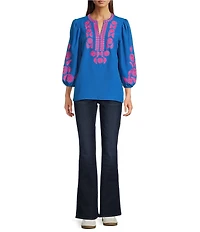 Calessa Crinkle Textured Embroidered Patchwork Round Split V-Neck Bracelet Sleeve Tunic