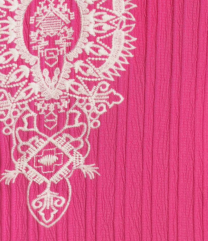 Calessa Crinkle Textured Embroidered Split V-Neck Bracelet Sleeve Tunic