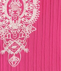 Calessa Crinkle Textured Embroidered Split V-Neck Bracelet Sleeve Tunic