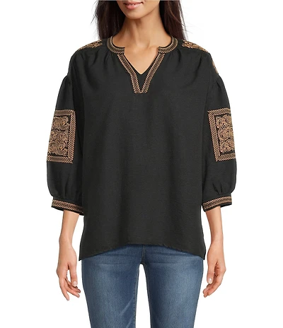 Calessa Crinkle Textured Foulard Embroidered Split V-Neck 3/4 Sleeve Tunic