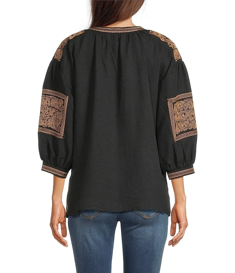 Calessa Crinkle Textured Foulard Embroidered Split V-Neck 3/4 Sleeve Tunic