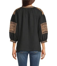 Calessa Crinkle Textured Foulard Embroidered Split V-Neck 3/4 Sleeve Tunic