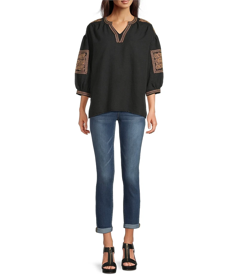 Calessa Crinkle Textured Foulard Embroidered Split V-Neck 3/4 Sleeve Tunic