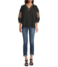 Calessa Crinkle Textured Foulard Embroidered Split V-Neck 3/4 Sleeve Tunic