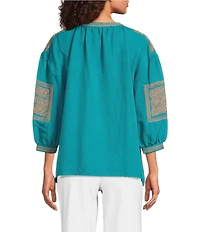 Calessa Crinkle Textured Foulard Embroidered Split V-Neck 3/4 Sleeve Tunic