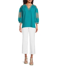 Calessa Crinkle Textured Foulard Embroidered Split V-Neck 3/4 Sleeve Tunic
