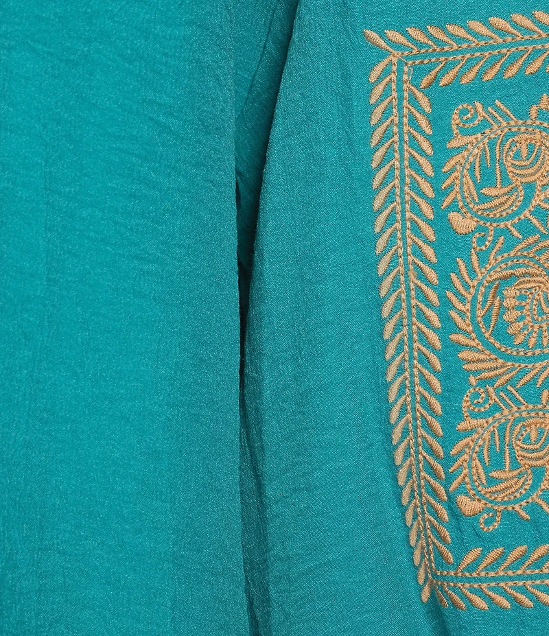 Calessa Crinkle Textured Foulard Embroidered Split V-Neck 3/4 Sleeve Tunic