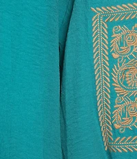 Calessa Crinkle Textured Foulard Embroidered Split V-Neck 3/4 Sleeve Tunic