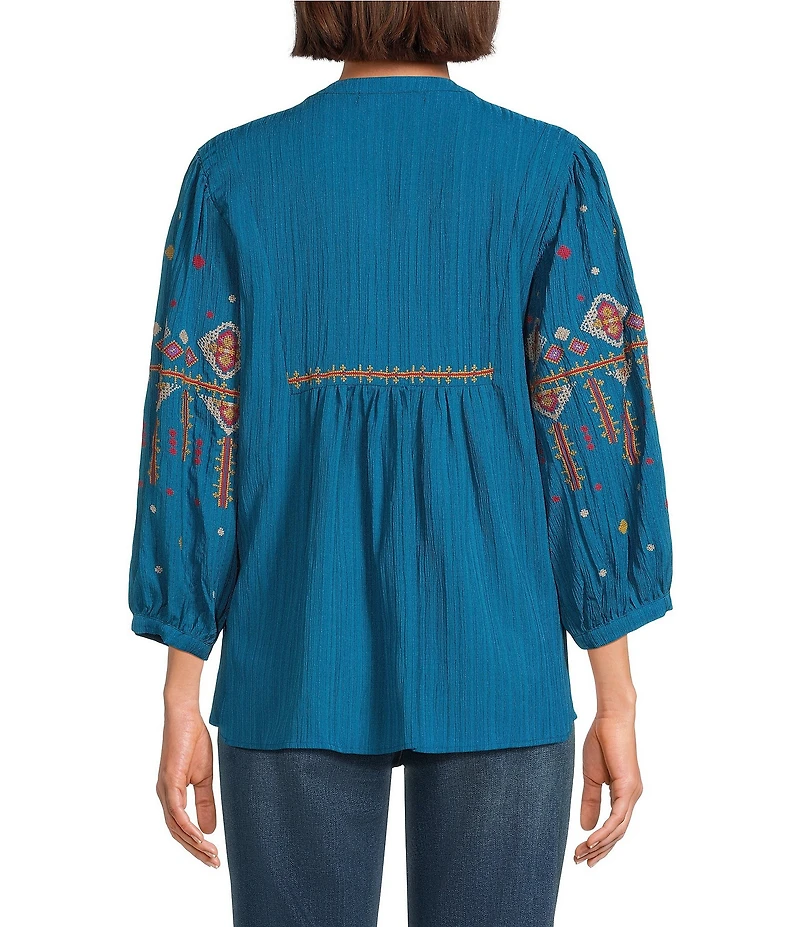 Calessa Crinkle Textured Ikat Embroidered Split V-Neck Wrist Sleeve Button-Front Tunic
