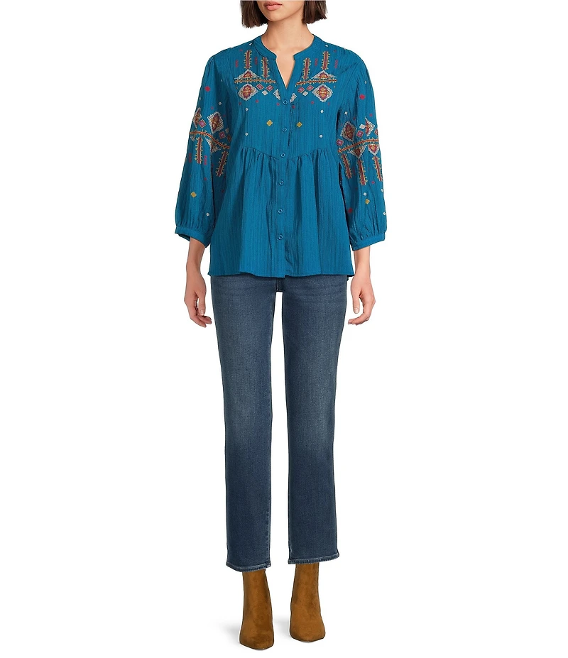 Calessa Crinkle Textured Ikat Embroidered Split V-Neck Wrist Sleeve Button-Front Tunic