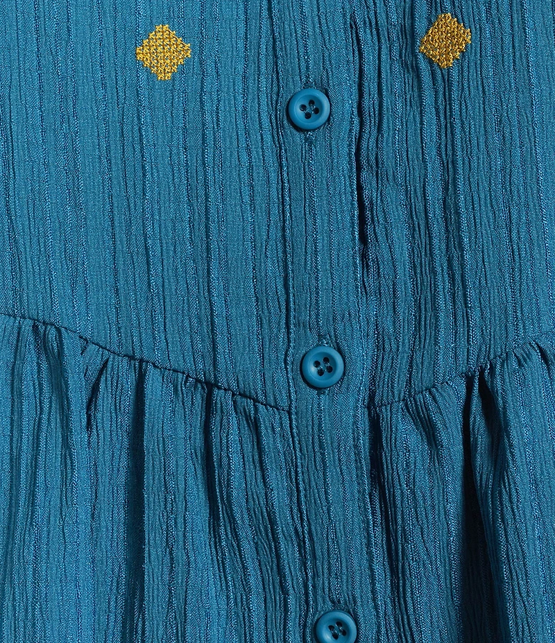 Calessa Crinkle Textured Ikat Embroidered Split V-Neck Wrist Sleeve Button-Front Tunic