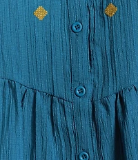 Calessa Crinkle Textured Ikat Embroidered Split V-Neck Wrist Sleeve Button-Front Tunic