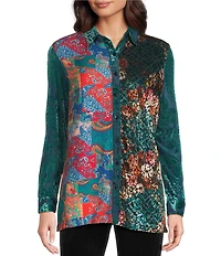 Calessa Crinkle Woven Patchwork Point Collar Long Sleeve Button Front Shirt