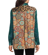 Calessa Crinkle Woven Patchwork Point Collar Long Sleeve Button Front Shirt