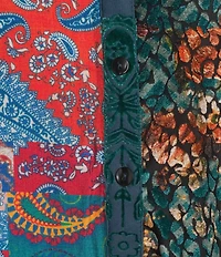 Calessa Crinkle Woven Patchwork Point Collar Long Sleeve Button Front Shirt