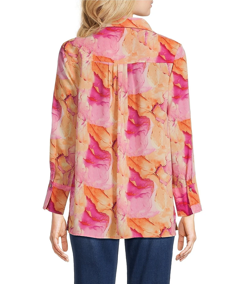 Calessa Desert Floral Print Point Collar Long Sleeve Button Front Shirt