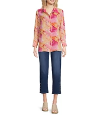 Calessa Desert Floral Print Point Collar Long Sleeve Button Front Shirt