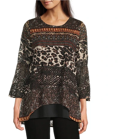 Calessa Double Layered Mesh Animal Print Hi-low Scoop Neck Wrist Length Sleeve Tunic