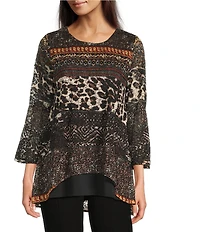 Calessa Double Layered Mesh Animal Print Hi-low Scoop Neck Wrist Length Sleeve Tunic