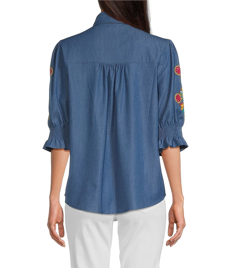 Calessa Embroidered 3/4 Sleeve Point Collar Button Front Shirt