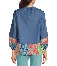 Calessa Embroidered Border Patchwork Tassel Tie Keyhole Neck Wrist Length Sleeve Tunic
