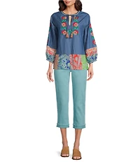Calessa Embroidered Border Patchwork Tassel Tie Keyhole Neck Wrist Length Sleeve Tunic