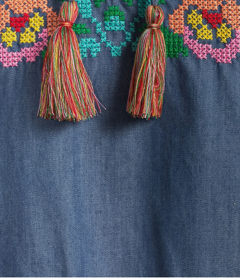 Calessa Embroidered Border Patchwork Tassel Tie Keyhole Neck Wrist Length Sleeve Tunic