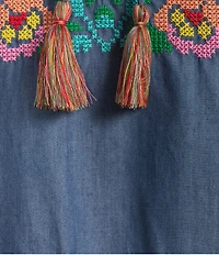 Calessa Embroidered Border Patchwork Tassel Tie Keyhole Neck Wrist Length Sleeve Tunic