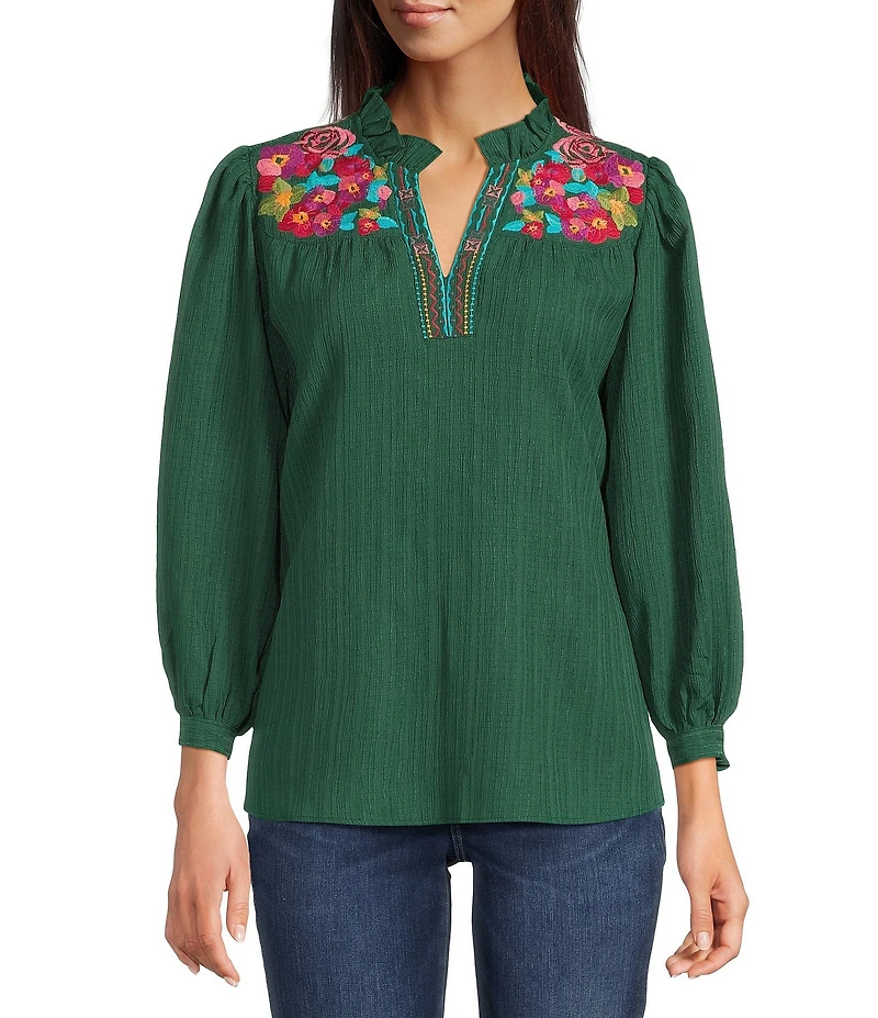 Calessa Embroidered Crinkle Ruffled Split V-Neck 3/4 Sleeve Tunic