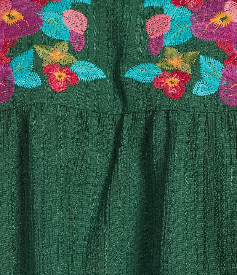 Calessa Embroidered Crinkle Ruffled Split V-Neck 3/4 Sleeve Tunic