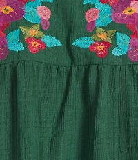 Calessa Embroidered Crinkle Ruffled Split V-Neck 3/4 Sleeve Tunic