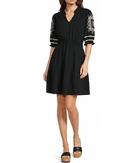 Calessa Embroidered Elbow Length Sleeve Split V-Neck A-Line Dress